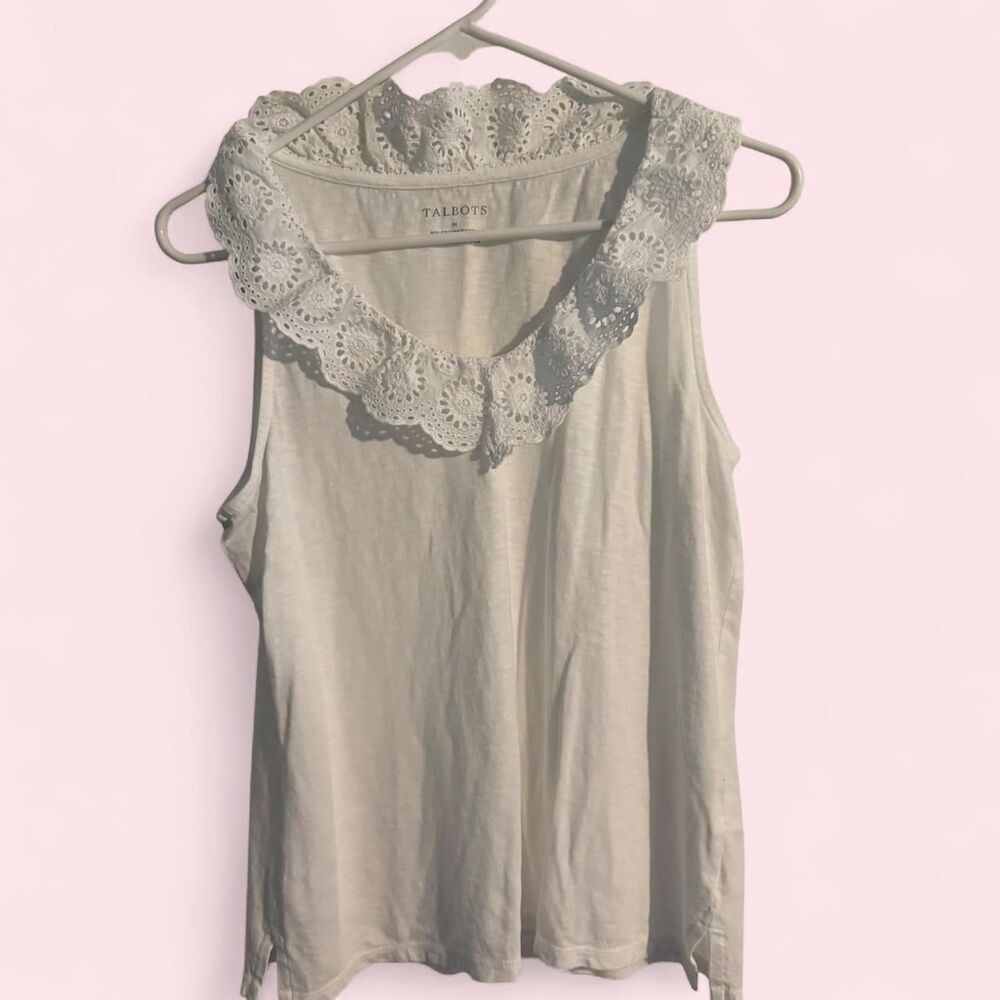 Talbots White Eyelet Lace Ruffle Neck Sleeveless Tank Top Size M